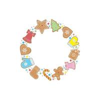 Christmas round ginger cookie frame, color vector illustration in cartoon style