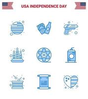Set of 9 Vector Blues on 4th July USA Independence Day such as bottle video army play light Editable USA Day Vector Design Elements