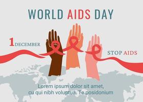 World Aids day banner. Awareness of AIDS. People of different colour, nationality holding red ribbon as symbol of unity, help for one another. Support for hiv infected people. Vector illustration