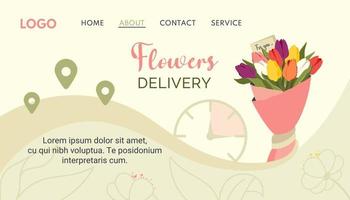 Fowers delivery. Floristic service, decoration and ordering flower composition. Bunch of blooming tulips with wish, watch, location icon. Vector flat illustration for gift, online order