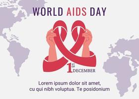 AIDS day banner. Human hands holding red AIDS ribbon. Awareness of AIDS. Support for hiv infected people. Vector illustration