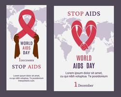 AIDS day. African American holding red ribbon. Support for hiv infected people. Awareness of AIDS. Tape in shape of heart,  lettering. Vector illustration for poster template