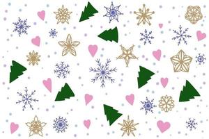 Cute background with hearts, Christmas trees and snowflakes on a white background vector