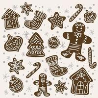 Gingerbread cookies of various shapes in snowflakes, postcard design, festive mood, handmade vector