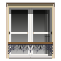 Window with forged railings. Wooden door with small windows. Marble building facade. Colorful PNG illustration.
