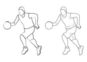 dibujo dibujado a mano, figuras de silueta de contorno de boceto de un atleta jugador de baloncesto en un juego de pelota. baloncesto. vector