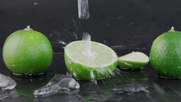 gotas de agua sobre rodajas de limón y salpicaduras con cubitos de hielo sobre la mesa sobre fondo negro. enfoque selectivo. video