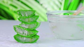 Fresh aloe vera juice in a glass bowl and sliced natural organic aloe vera with splash on nature background. medicine and beauty concept.