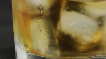 Shot of hand pouring whiskey into a glass with ice close-up. Alcoholic drink concept. selective focus. video