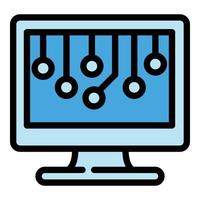 vector de contorno de icono de computadora de monitor artificial. cerebro ai