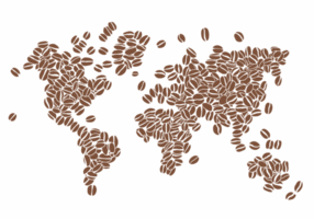 el dibujo a mano alzada del grano de café se organiza en el mapa del mundo. png