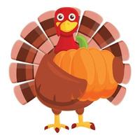 Thanksgiving turkey take pumpkin icon, cartoon style vector