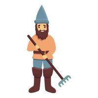 Garden gnome with rake icon, cartoon style vector