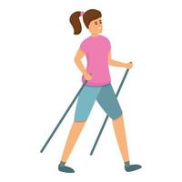 mujer, caminar nórdico, icono, caricatura, estilo vector