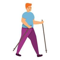 Fat boy nordic walking icon, cartoon style vector