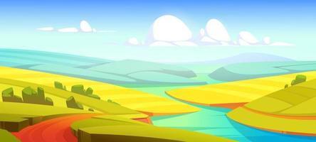 Summer landscape with green fields, river and road vector