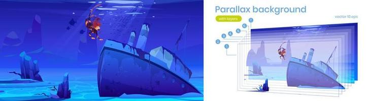 Parallax background with diver and sunken ship vector