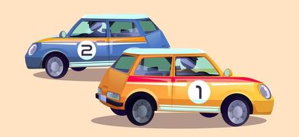 Race cars, cartoon rally auto with drivers inside vector