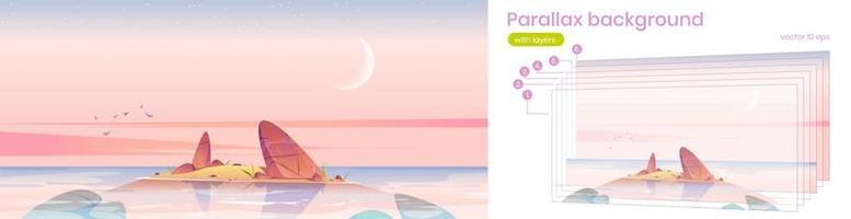 Parallax background sunrise in ocean, pink sky vector