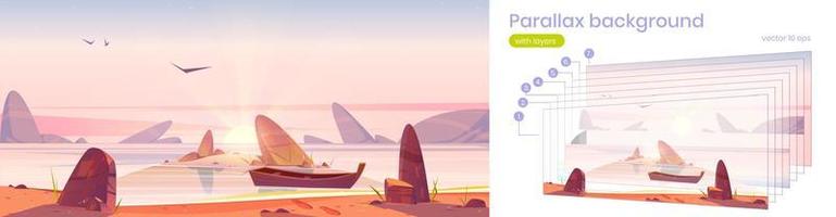 Parallax background, sunrise in ocean 2d landscape vector