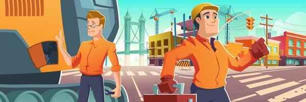 Builders, machinery and construction site in city vector