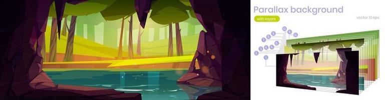 Parallax background with cave, lake and forest