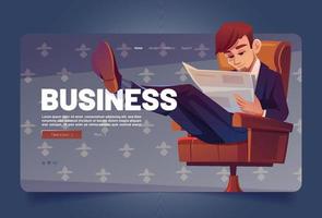 Business man read newspaper cartoon landing page vector