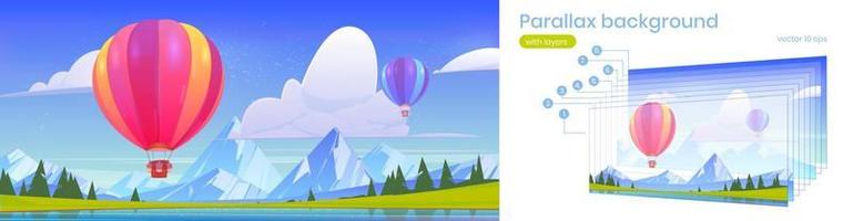 Parallax background hot air balloons flying in sky vector