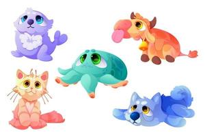 Plush toys, funny soft seal, cow, cat with octopus vector