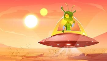 Funny alien in spaceship hover above Mars surface vector