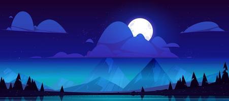 Night landscape with lake, mountains and trees vector