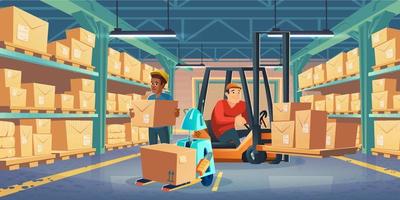 Warehouse with workers, forklift, robot and boxes vector