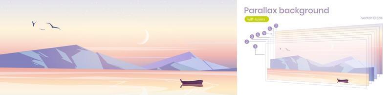 Parallax background, sunrise in ocean with boat vector