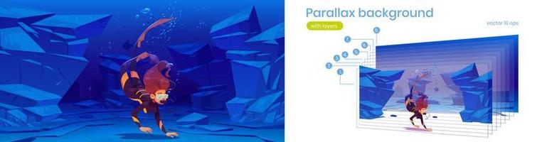 Parallax background for game, scuba diver woman vector