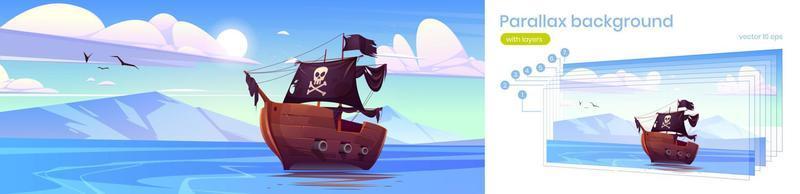 Parallax background for game, pirate ship in sea vector