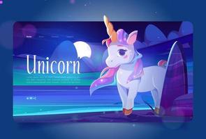 Cute unicorn at night ocean shore cartoon landing vector