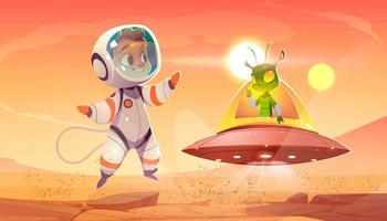 Alien and astronaut child meeting on red planet vector