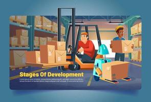Warehouse workers and robot load boxes on racks vector