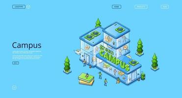 Green campus isometric landing page, people work vector