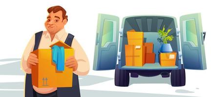 Move to new house, relocation. Man loading boxes vector
