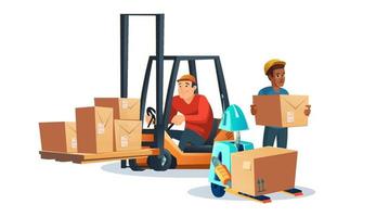 Warehouse staff, forklift and robot with boxes vector