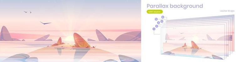 Parallax background with sea beach at sunrise vector