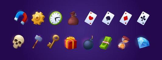 Game icons with key, money, playing cards and bomb vector