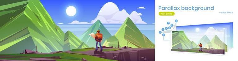 Parallax background with mountains and hiker man vector