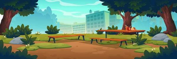 City park with wooden picnic table and benches vector