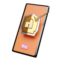 orange mobile phone or smartphone with golden shield check, buy label tag isolated. Internet security or privacy protection or ransomware protect concept, 3d illustration or 3d render png