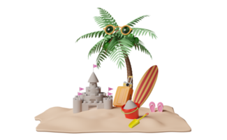 voyage d'été avec valise jaune, château de sable, planche de surf, île, parapluie, cocotier, sandales, seau, appareil photo isolé. concept illustration 3d ou rendu 3d png