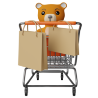 Teddybär mit Papiertüten, Einkaufswagen isoliert. online-shopping-konzept, 3d-illustration oder 3d-rendering png