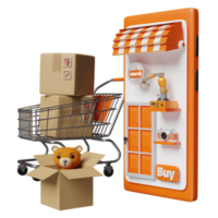 Orangefarbenes Mobiltelefon, Smartphone mit Ladenfront, Teddybär, Papiertüten, Warenkarton, Einkaufswagen isoliert. online-shopping-konzept, 3d-illustration oder 3d-rendering png