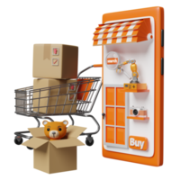 téléphone portable orange, smartphone avec devanture de magasin, ours en peluche, sacs en papier, boîte en carton de marchandises, panier isolé. concept d'achat en ligne, illustration 3d ou rendu 3d png